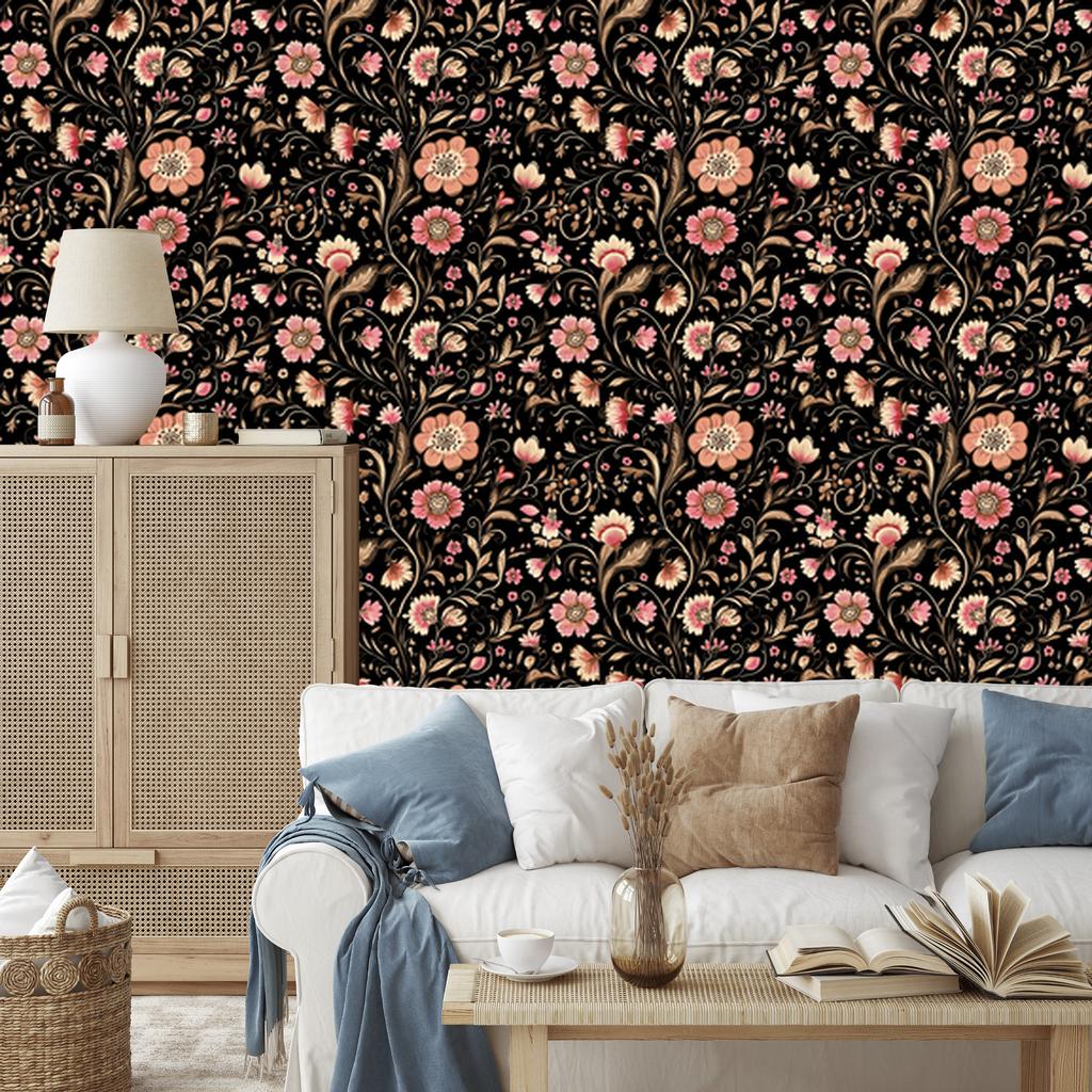 Beautiful Flowers Wallpaper Black and Brown for Living Room and Bedroom 50x1000