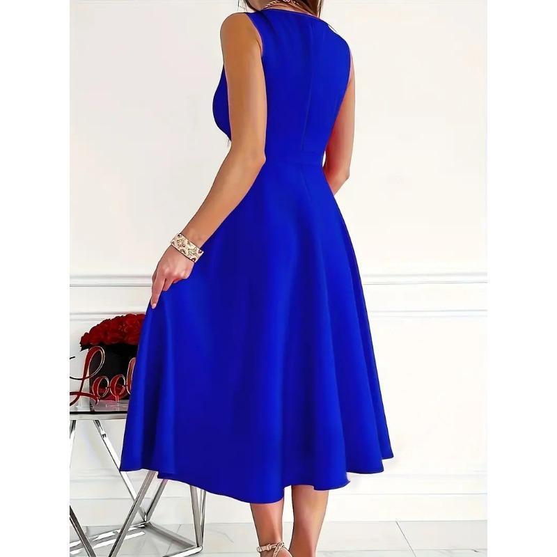 Women Sleeveless V Neck Solid High Waist Midi Casual Evening Dress