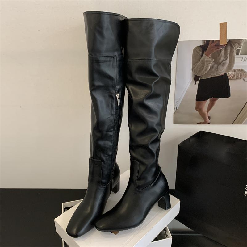 

Eilyken Winter Fashion Round Toe Women Over The Knee Boot Zipper Square Heels Thigh High Booties Long Shoes Botas Largas Mujer 35