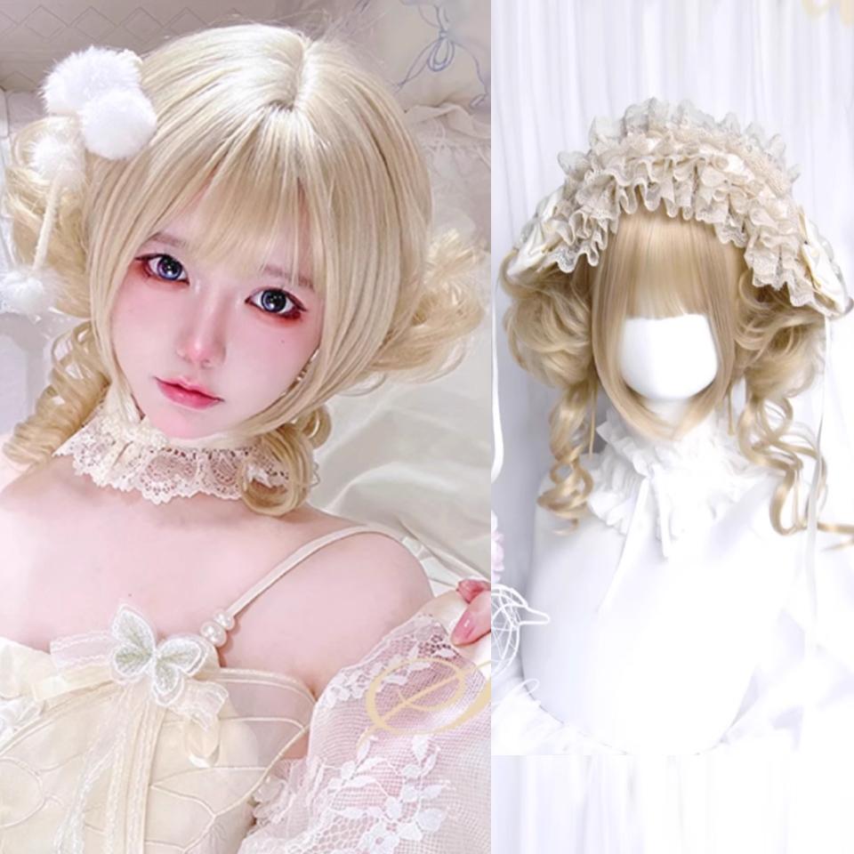 

WTB синтетический парик женский светло-золотистый короткие вьющиеся волосы бобо великолепная Лолита повседневный стиль прямая челка косплей вечеринка парик 25cm