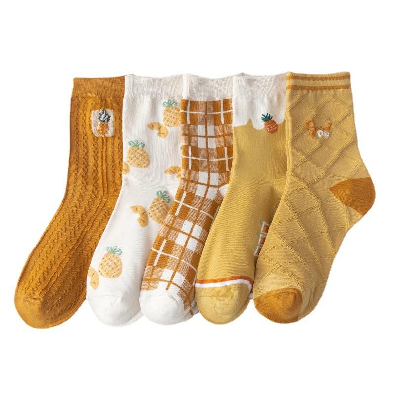 Yellow Mid-calf Women's Socks for Autumn and Winter, Breathable Twisted Cotton Women's Socks, Korean Cartoon Pineapple Socks