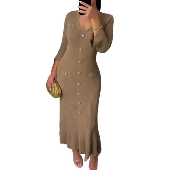 Spring Fall Women Dress Button Decor V Neck Knitted Long Sleeves Slim Fit Patchwork Fishtail Hem Solid Color Stretchy Maxi Dress