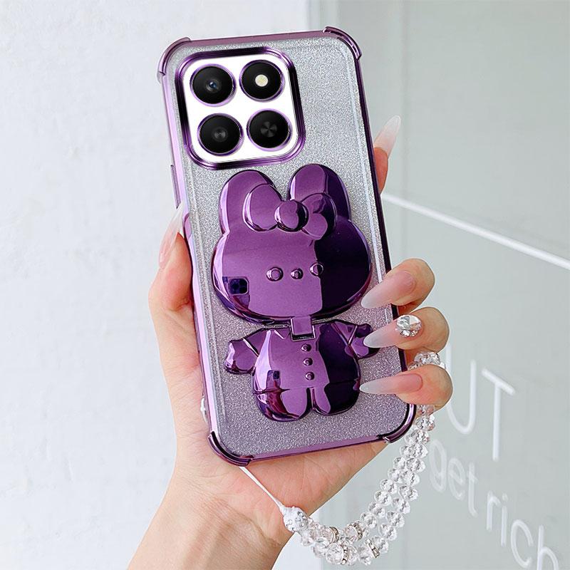 Luxury Shockproof Phone Case with Cute Rabbit Makeup Swivel Stand Crystal Lanyard For Honor X7d X7c X7b X7a X7 Back Cover