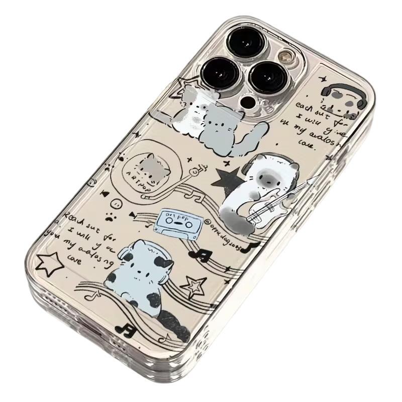 Line Music Cat Is Suitable for Apple 17 Transparent Case 16 All-inclusive Fine Hole iPhone15promax Anti-drop Protective Case.