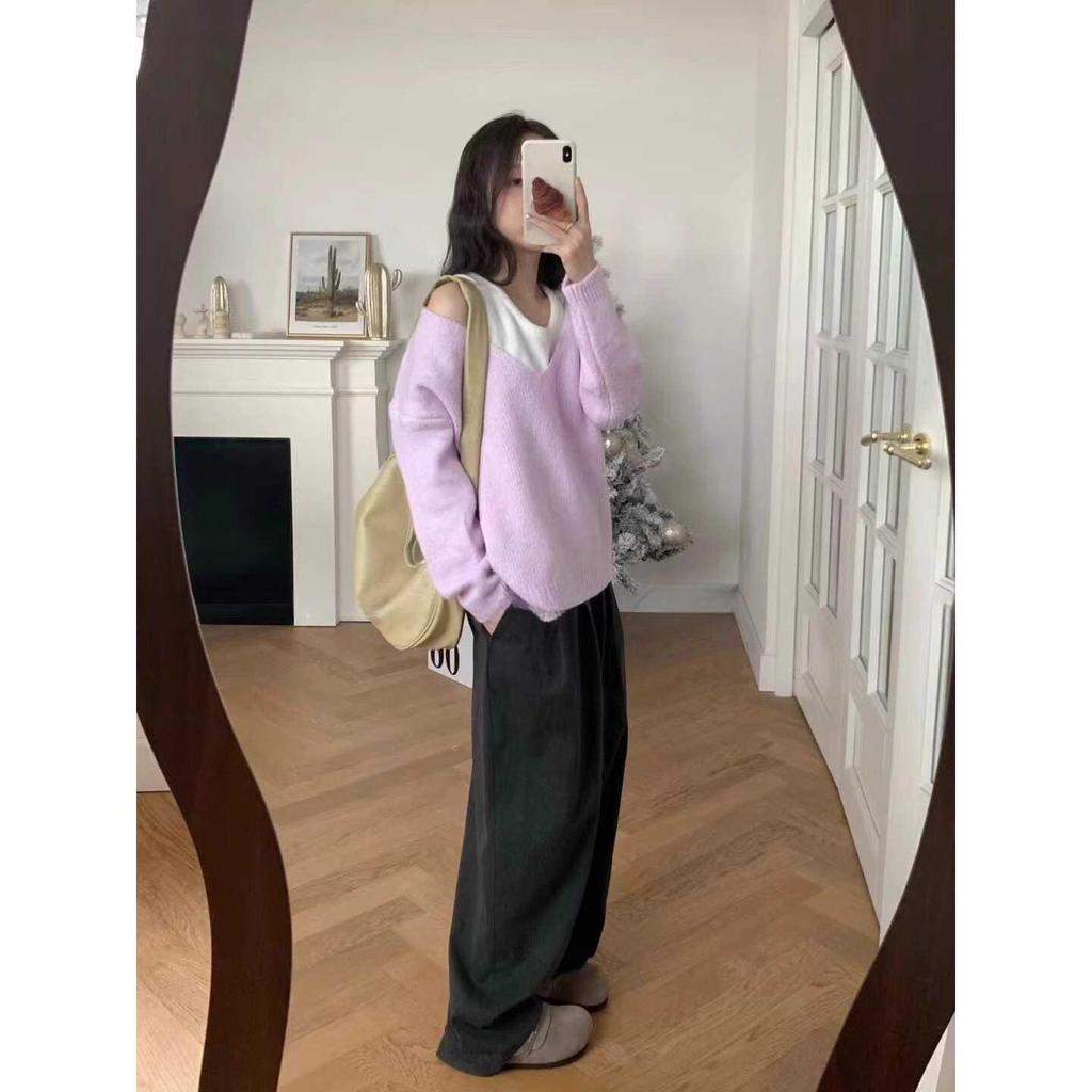 2024 Women's Elegant V-Neck Pullover Sweater & Korean-Style Vest Two-Piece Set for Autumn/Winter