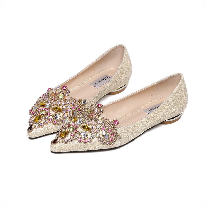 

Large size women s shoes sweet pointed flat-soled single shoes colored diamond shallow mouth flat heel bridal wedding shoes 35-43 43