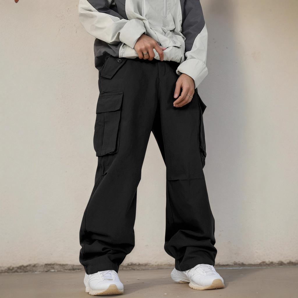 Retro Big Pocket Paratrooper Overalls Men's Fashion Straight New Loose Micro-horn Casual Pants