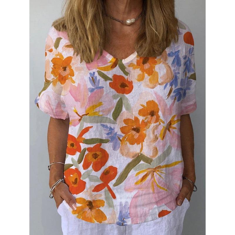 Summer V-neck 3D Flower Printed Top Fashionable Casual Short Sleeved Women's T-shirts
