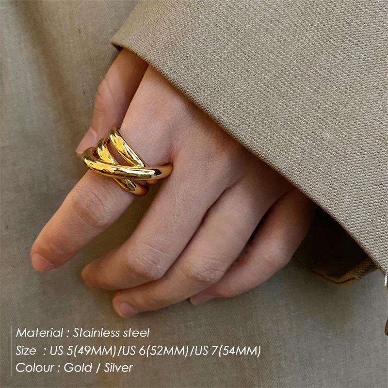 18K Gold-Plated Stainless Steel Double Layer Twisted Open Ring - Versatile High-End Commuting Jewelry.