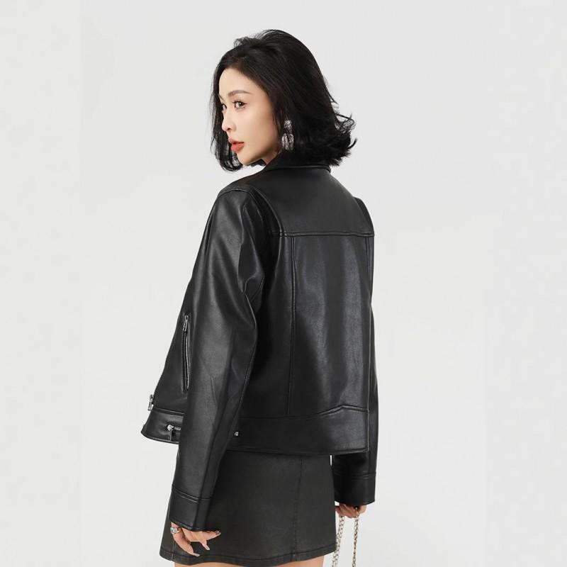 Womens Short PU Leather Jacket With Notched Lapel Slim Fit Biker Style Office Casual Wear