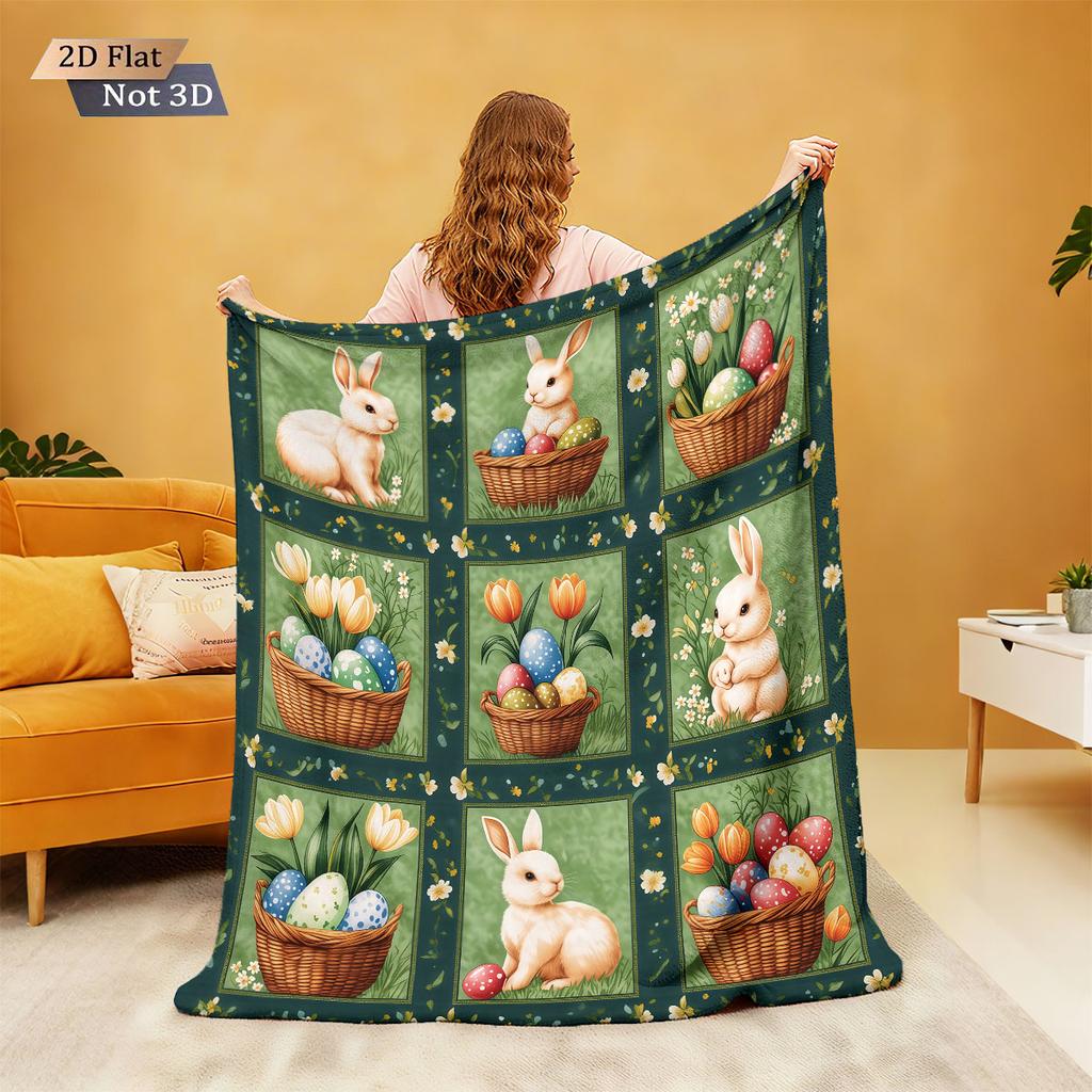 1pc Easter Cartoon Rabbit Printed Flannel Blanket With Various Sizes, Soft And Comfortable Nap Cover, Machine Washable