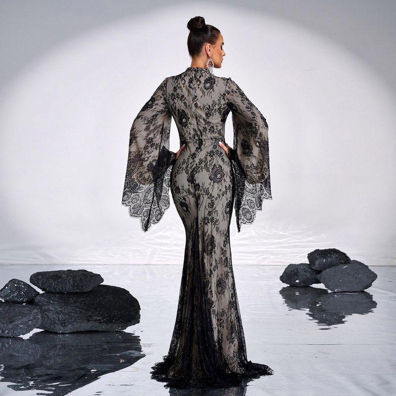 Cross-Border European and American High-End Long-Sleeved Elegant Round-Neck Sexy Long Lace Evening Dress Bridesmaid Dress for Women