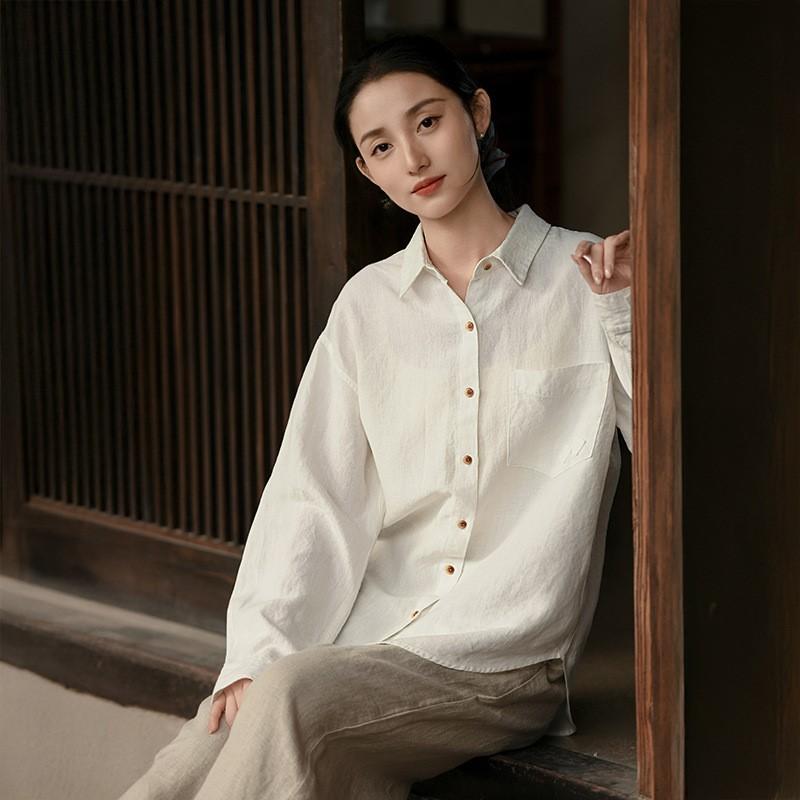 Johnature Women Vintage Shirts Tops Spring Solid Color Chinese Style Button Turn-down Collar Long Sleeve Shirts