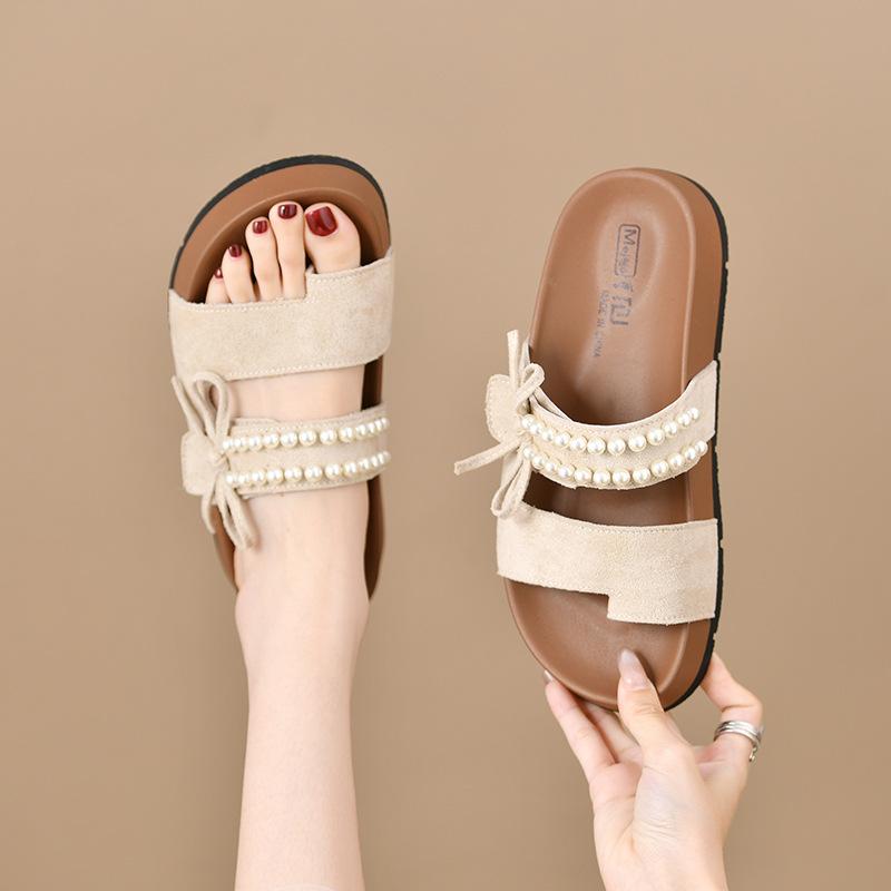 One-and-a-half slippers women's summer wear new pearl one-pedal shoes flat sandals lazy sandals