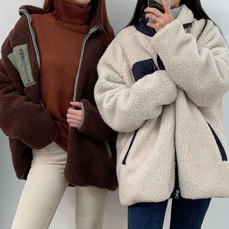 Neue Herbst- und Winter-Damen-Plüschjacke mit Stehkragen und Reißverschluss, Locker und Figurschmeichelnd, Farbblockierte Lammwolljacke