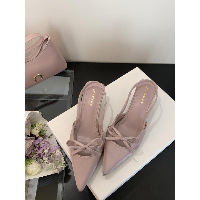 2025 Spring and Autumn High Heels Four Seasons Shoes Korean Version Pointed Head Bow Satin Baotou Sandals Hollow Single Shoes Women