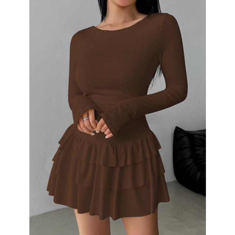 Elegantes Langarm Figurbetontes A-Linien-Stufenkleid mit Rüschen Neu Einfarbig Sexy Freizeit Party Abendkleider Damenmode Frühling Sommer Kleidung
