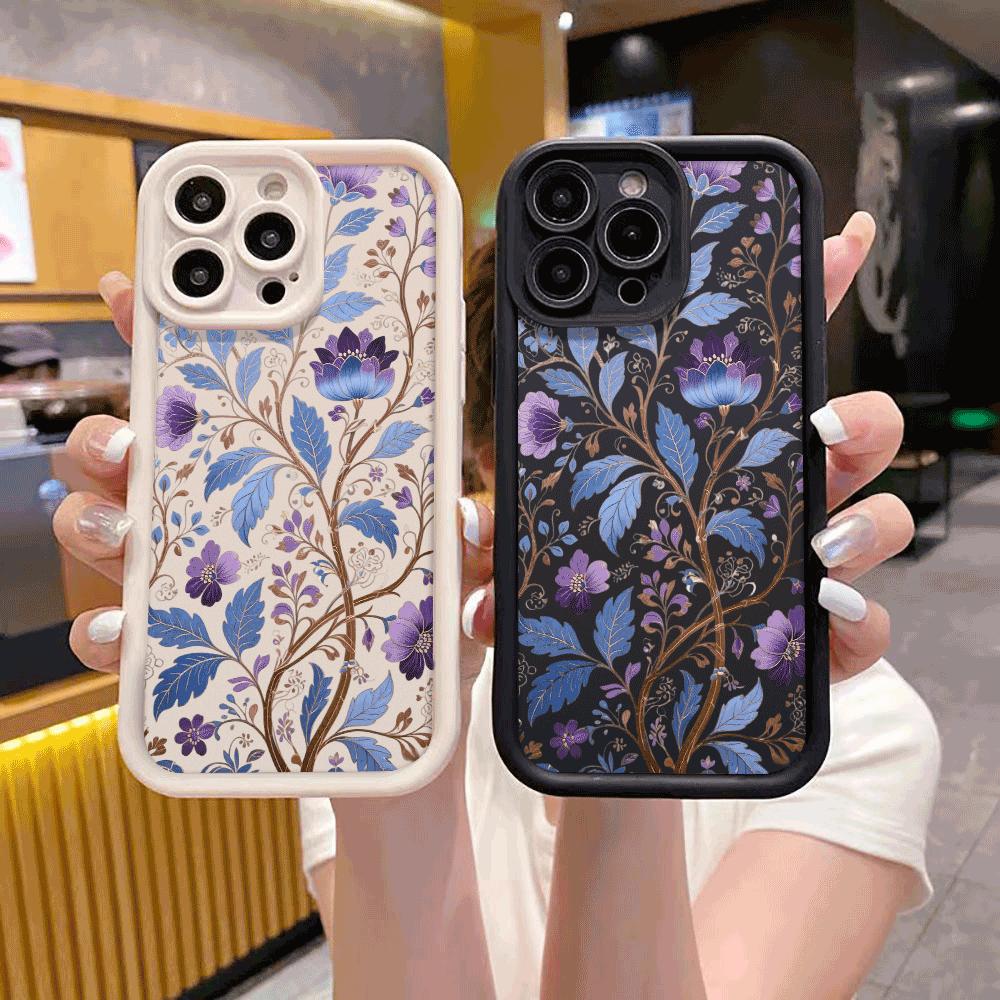 Blue and Purple Floral Pattern Phone Case for IPhone 14 15 16 Plus 13 12 11 16 Pro Max 12 Mini XS Max TPU Protect Cover