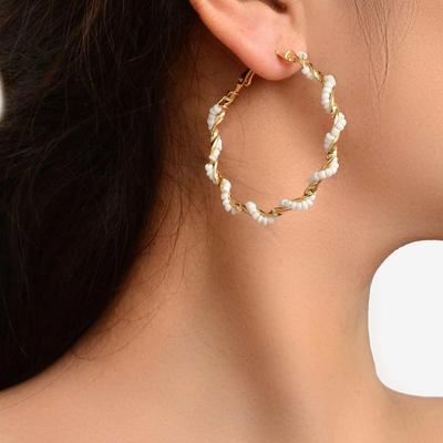 Orecchini Grandi Rotondi a Forma di C con Perline di Riso, Orecchini alla Moda a Forma di O con Perle Avvolte a Spirale