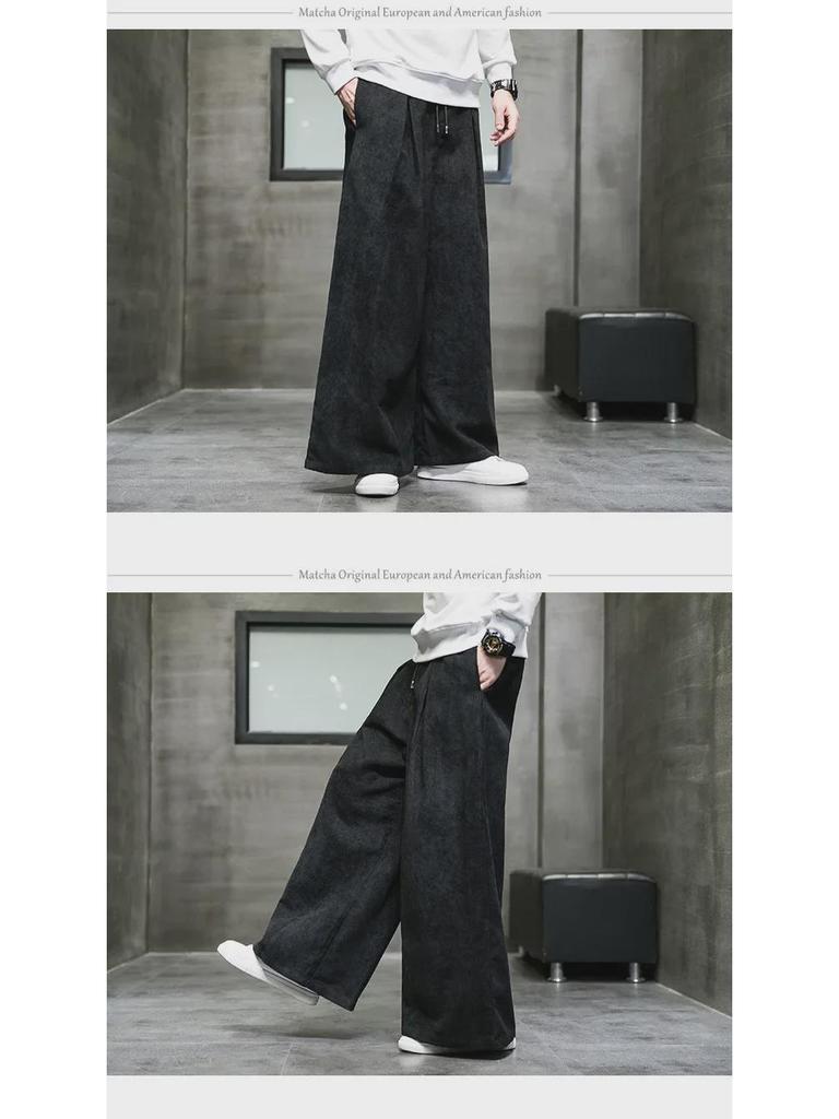 K008 Men's Corduroy Wide-Leg Retro Casual Pants - Loose Fit, Solid Color, Large Size