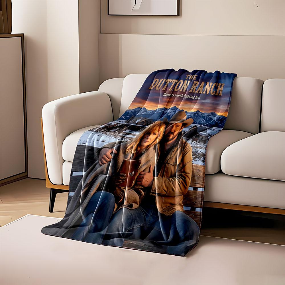 

A ranch setting with mountains, a couple seated on a bench, and text. for all seasons blanket lunch break throw gift 80cm x 120cm