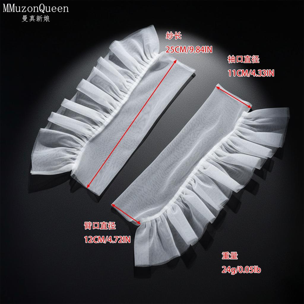 Sheer Tulle Long Arm Sleeves with Big Ruffles, White Bridal Gloves for Wedding Evening Dress Photo Shoot Costume Accessories