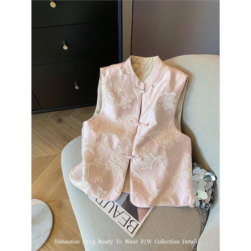 2025 Vest Jacquard Stand-up Collar Disc-buckled Vest Women's Sweet Temperament Vest Women's Vest