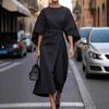 Women Elegant Belted Maxi Dress Batwing Sleeve Round Neck Split Solid Color Formal Party Long Gown
