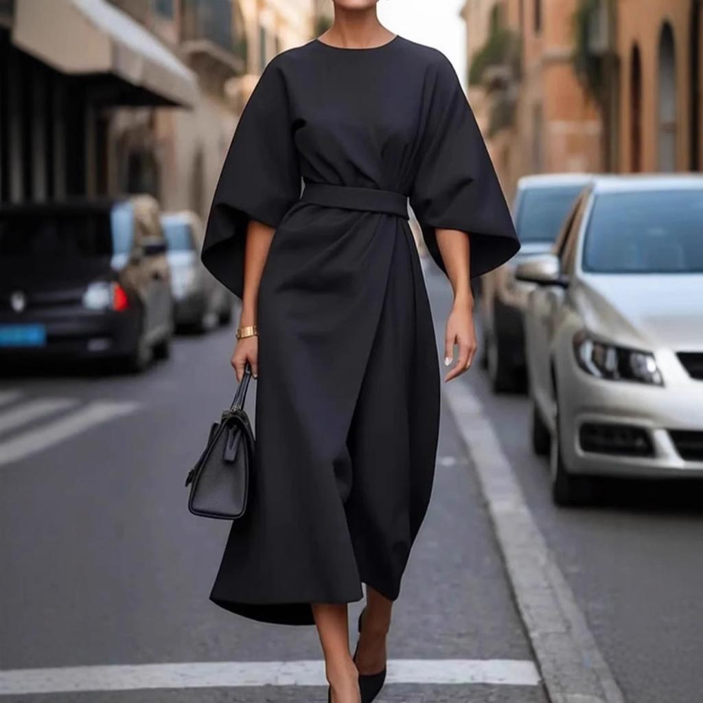 Women Elegant Belted Maxi Dress Batwing Sleeve Round Neck Split Solid Color Formal Party Long Gown