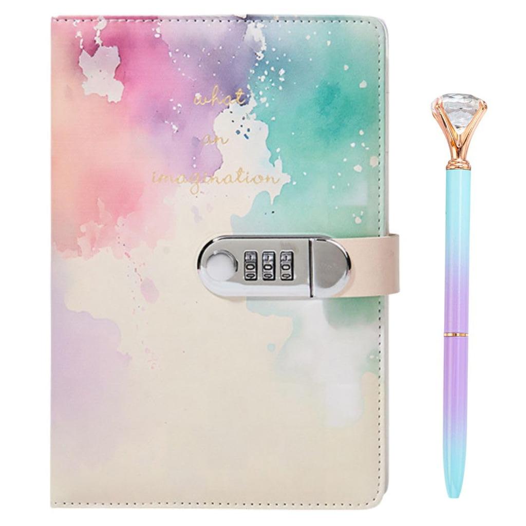 Cobalt Planet Lockable Diary for Girls, A5 Size, with Combination Lock and Ballpoint Pen, Secret Notebook Gift (Marble A)