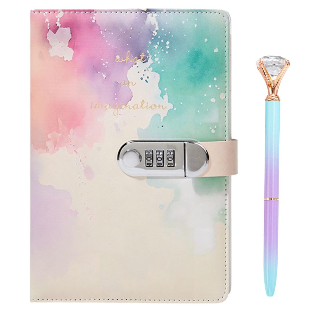 

cobalt planet Lockable Diary for Girls, A5 Size, with Combination Lock and Ballpoint Pen, Secret Notebook Gift (Marble A)