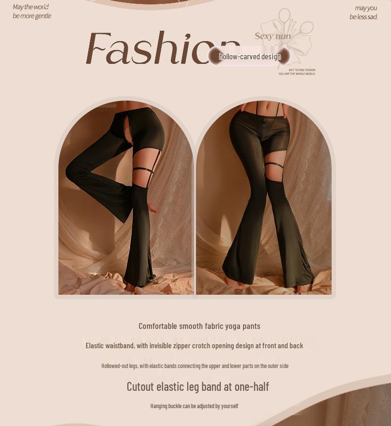 Man Yan Sexy Sheer Cutout Lingerie Flared Yoga Pants with Zipper Crotch