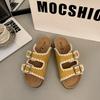 Cowhide version~ sponge cake thick-bottomed one-word slippers for women's summer wear, summer cork beach cool slippers