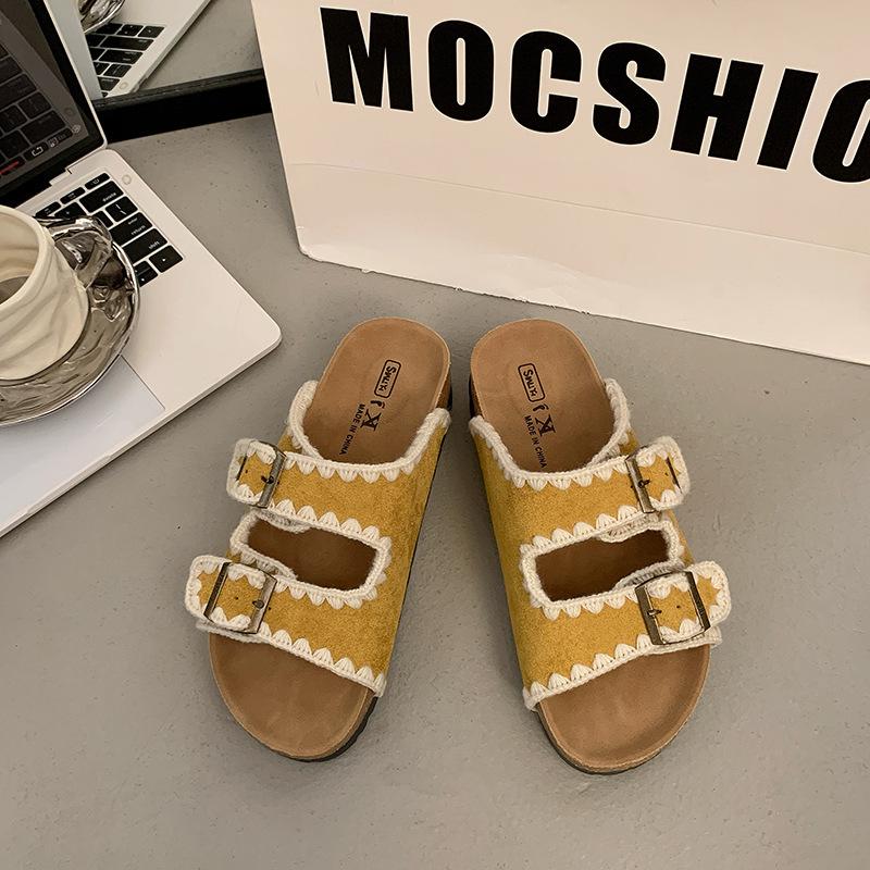 Cowhide version~ sponge cake thick-bottomed one-word slippers for women's summer wear, summer cork beach cool slippers