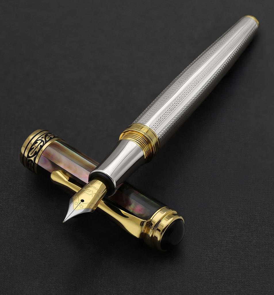Xezo Master Pearl Fine Point Fountain Pen Crafted from Solid 925 Sterling Silver with Black Mother of Marine 18K Gold Origin. Plated.