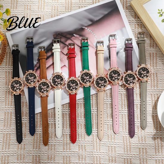 Ladies Watch Butterfly Artificial Leather Strap Quartz Rhinestone Casual Women