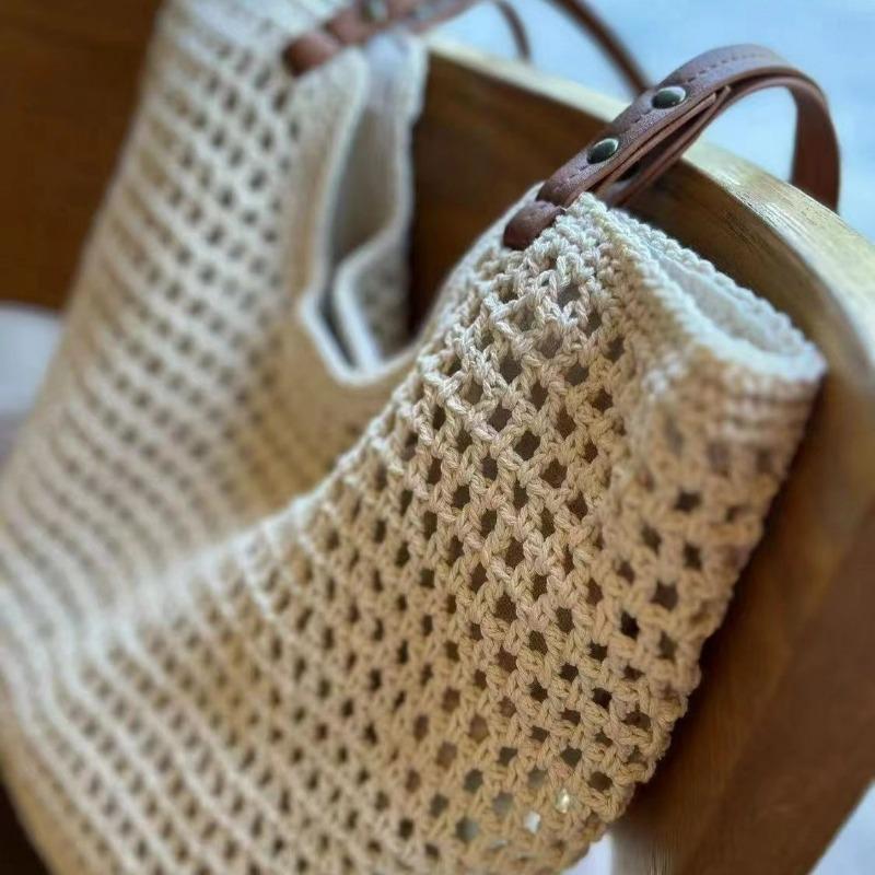 Leisure Large-capacity Shoulder Cotton Thread Woven Bag Hollow Reticulated Tote Bag Seaside Vacation Beach Bag Women's Bag
