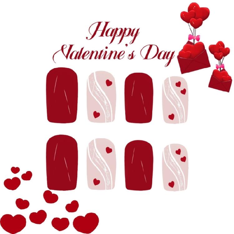 24 Pcs Heart Lines Acrylic Nail Valentines Day False Nail Glittering Stick on Nail Square Press On Nail for Holiday
