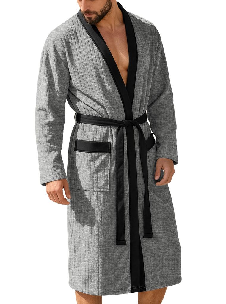 Mens Long Jacquard Solid Color Belted Bath Robe Plus Size Home Loungewear