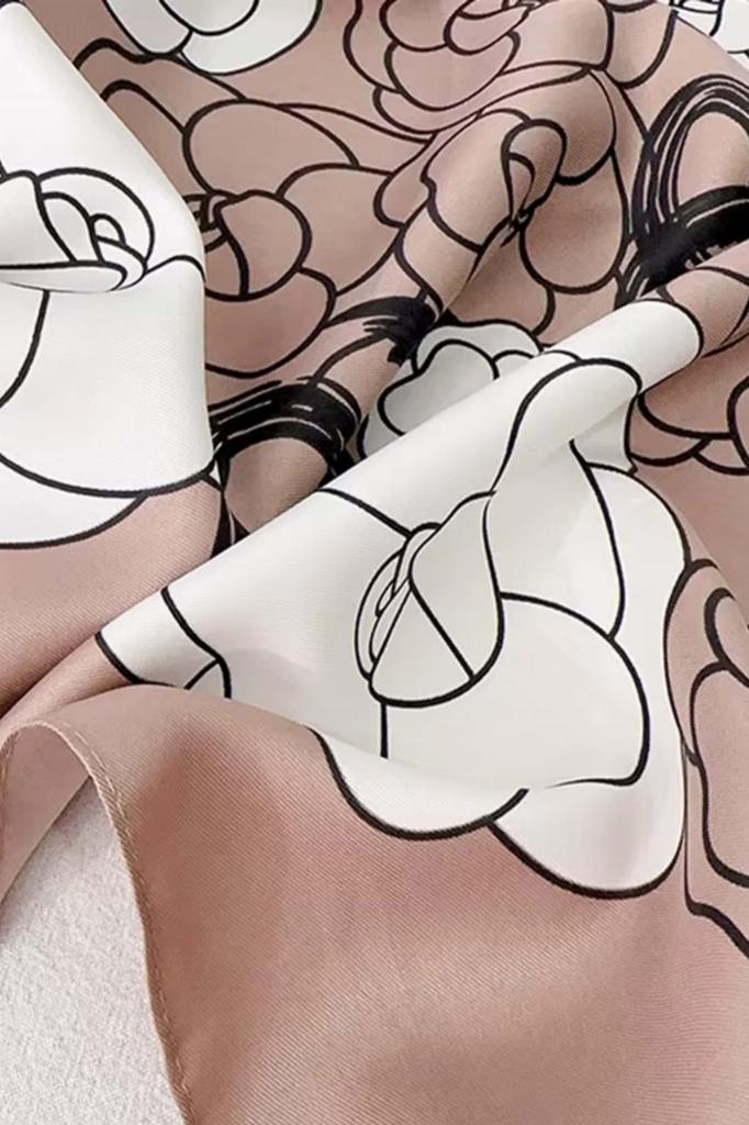 90x90 Beige and White Scarf with Black Floral Pattern - Subtle Elegance