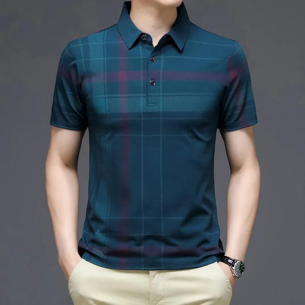 Men's casual business polo, button and graphic printed short sleeved T-shirt, fashionable lapel oversized clothing