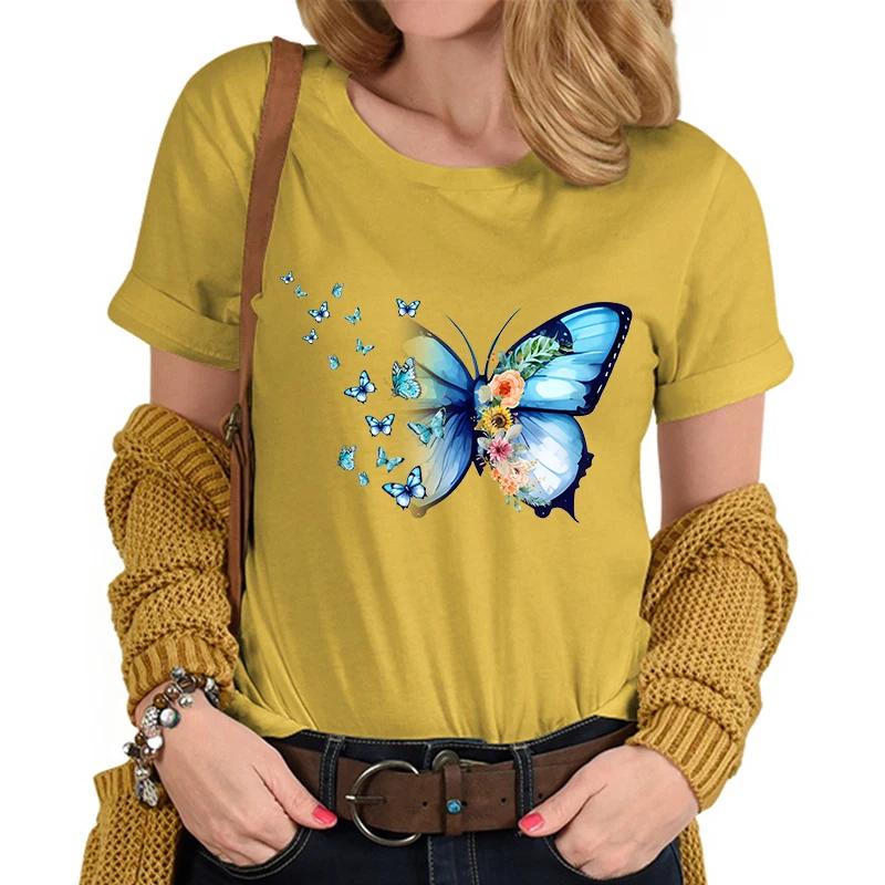 Flower Butterfly Lover Casual Tops Vintage Flower Design Tshirt Female Butterfly Print Premium Casual Short Sleeve TShirt Women
