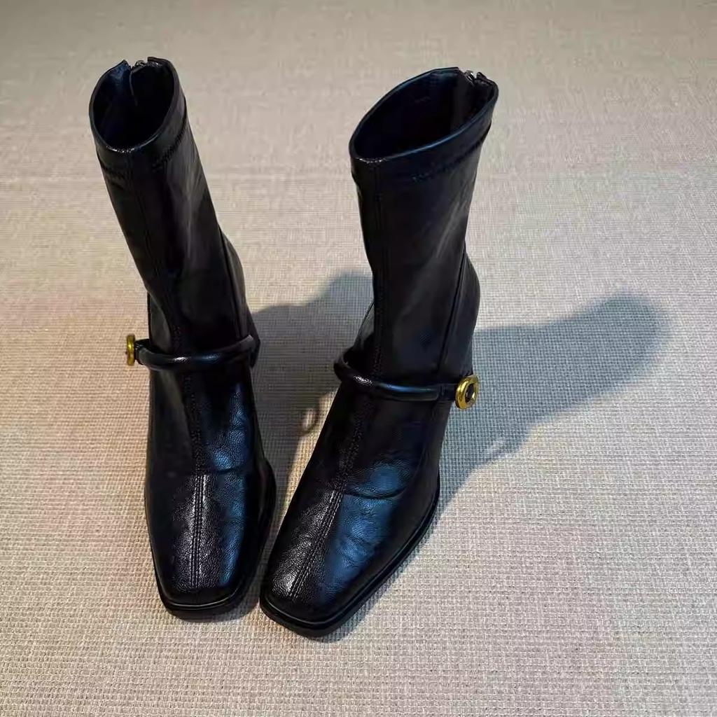 Mode High Heels Damen Stiefeletten Eckige Zehenpartie Klobige Schuhe Pumps Frau Neu 2025 Winter Trend Designer Elegant Chelsea Botas De Mujer