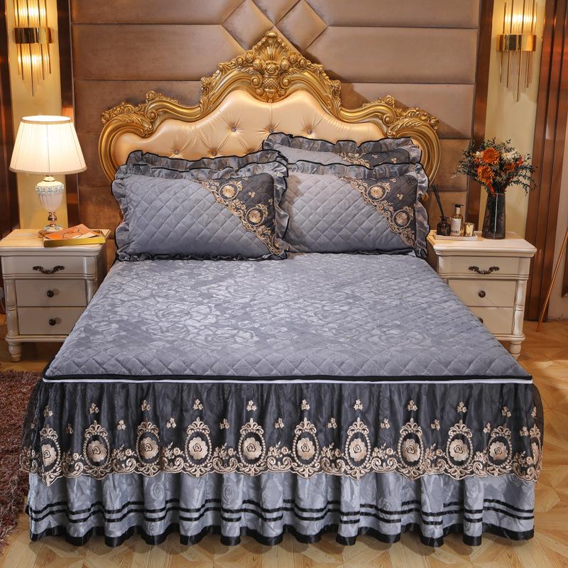 Winter Velvet Lace Bed Skirt One-Piece Thickened Non-Slip Coral Velvet Bedspread Detachable Lace Mattress Protective Cover