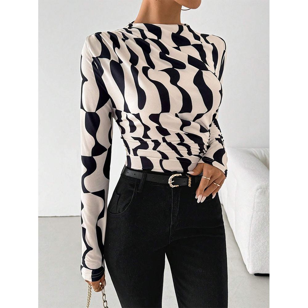 Women's Long Sleeve Shirts Geo Print Ruched Tees Mock Neck Elegant T-Shirt Tops