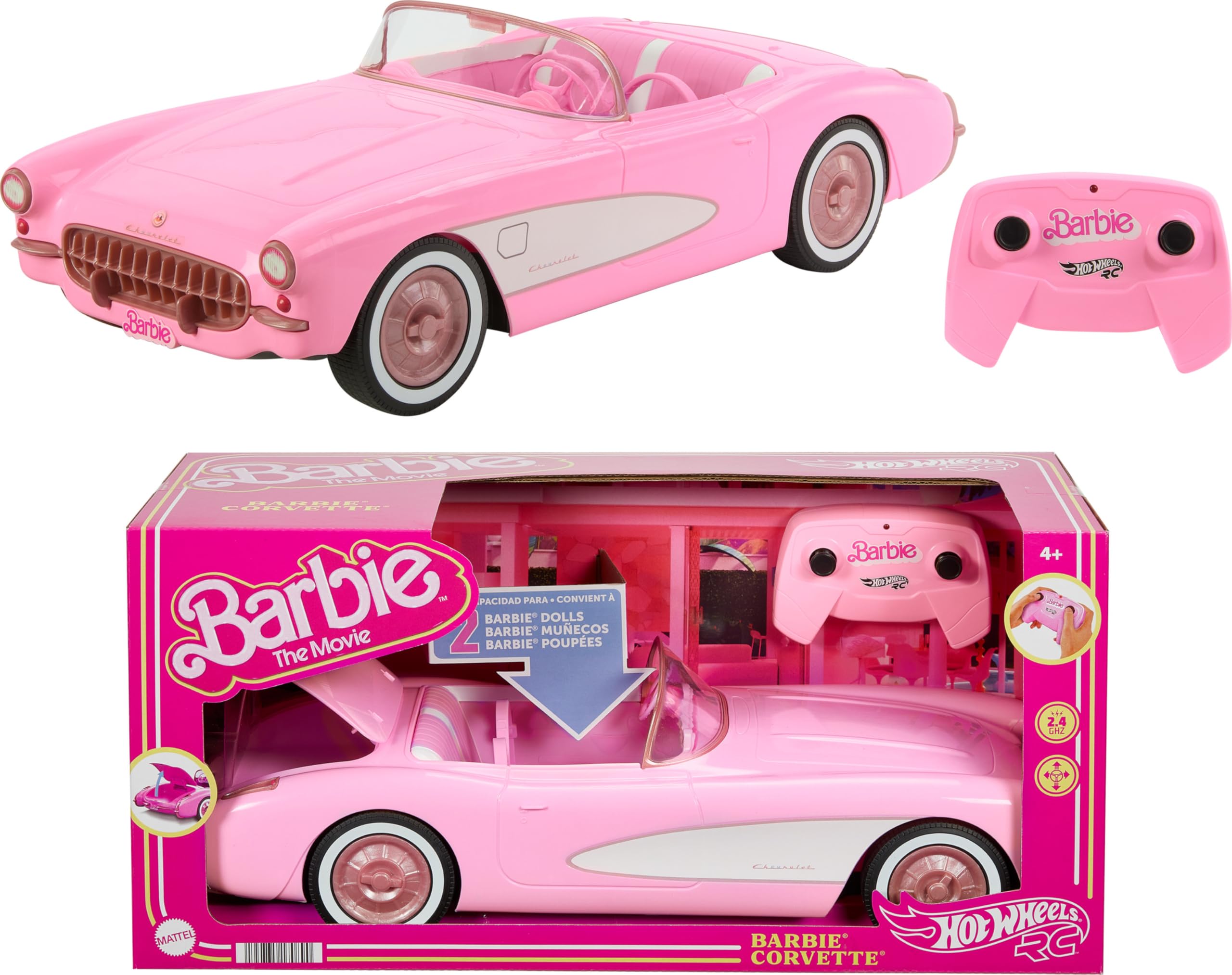 

Hot Wheels RC Barbie Toy Car from Barbie The Holds 2 Barbie Trunk Opens for Storage Corvette, Battery-Operated Remote-Control Movie, Dolls,