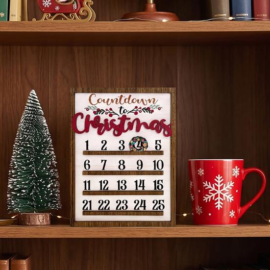 Artistic Window Decoration Wooden Christmas Countdown Calendar, 25 Days Advent Calendar Sign with Natural Poplar Wood Craft Movable Wreath Marker,
