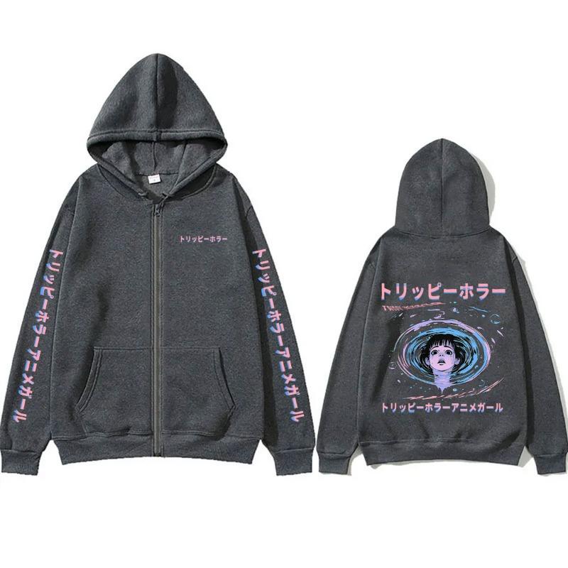 Anime Tomie Junji Ito Ürünleri Fermuarlı Kapüşonlu Sweatshirt Erkek Kadın Vintage Manga Fermuarlı Sweatshirt Unisex Günlük Polar Oversize Fermuarlı Ceket