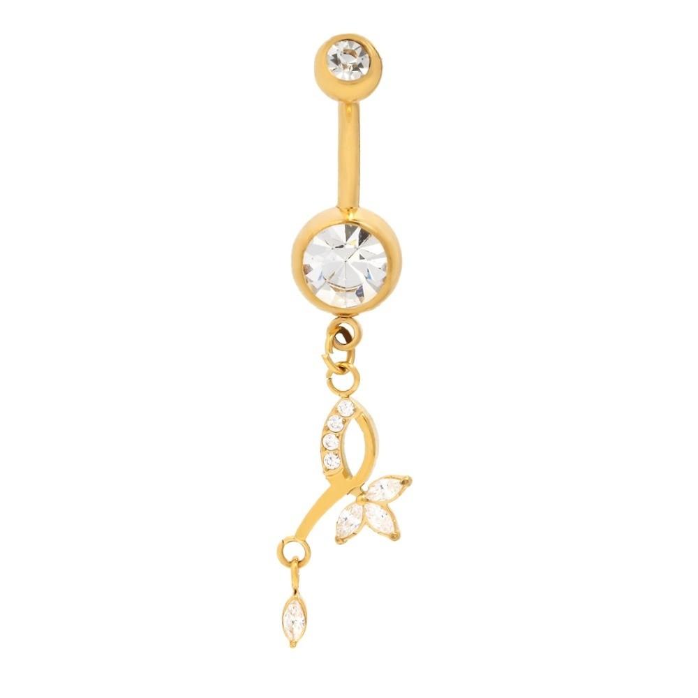 Alloy Rhinestone Piercing Belly Dual Color Shiny Leaf Navel Jewelry Exquisite Dangled Design Flower Rhinestone Belly Ring Beach