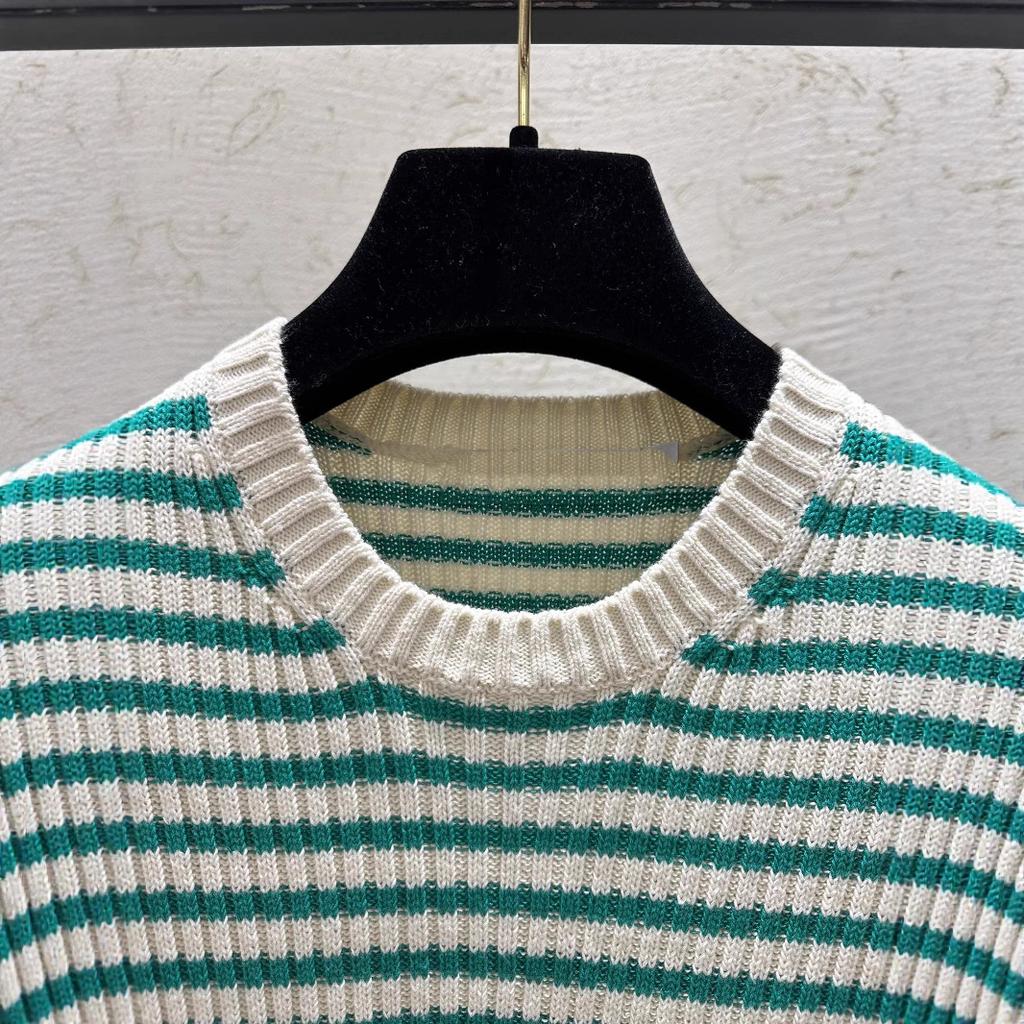 26 Years of New College Style Striped Knitted Top Women's Crew Neck Series Contrasting Color Splicing Striped Elastic Knitted Top
